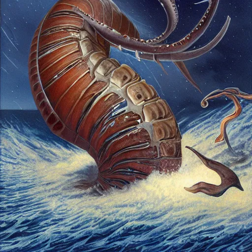 Prompt: full painting of the Nautilus fighting a giant squid in the middle of the ocean during a storm made by Jeff Easley and Peter Elson + realistic animal, + galaxy + gothic, surreal, dread + highly detailed, intricate complexity, epic composition, magical atmosphere + masterpiece, award winning + trending on artstation,