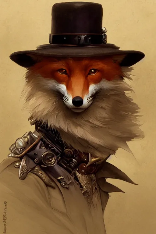 Image similar to heroic character design of anthropomorphic whimsical fox, portrait, western, steampunk, clint eastwood facial expression, duster, fantasy, intricate, elegant, highly detailed, digital painting, artstation, concept art, sharp focus, illustration, art by artgerm and greg rutkowski and alphonse mucha