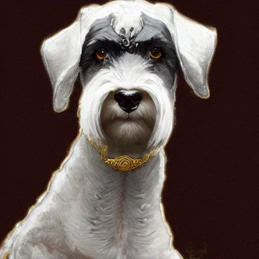 Image similar to portrait of stoic looking miniature schnauzer, military uniform, black fir, white eyebrows, fantasy, intricate, elegant, highly detailed, centered, dark, smokey, digital painting, artstation, concept art, smooth, sharp focus, illustration, art by artgerm and greg rutkowski and alphonse mucha