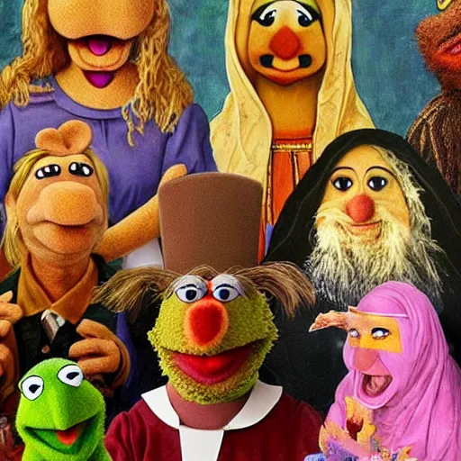 Prompt: realistic painting of muppets at church, in the style of hieronymus bosch and johannes vermeer
