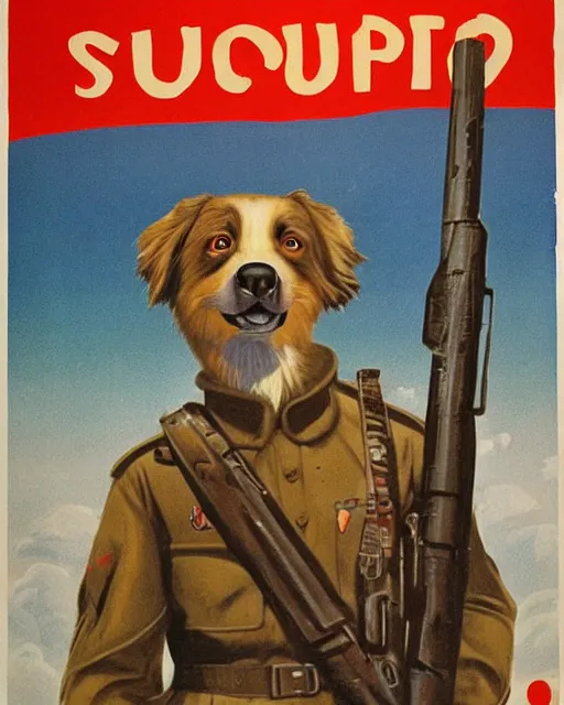 Image similar to soviet propaganda poster of an australian shepherd soldier, soviet art