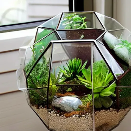 Prompt: a terrarium inside of an object made out of glass