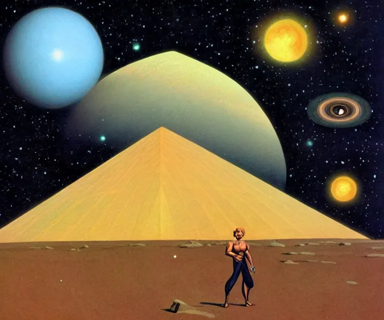 Image similar to portrait character standing gigantic solar pyramids towering over a small city meteor in the dark starry sky of saturn by kelly freas