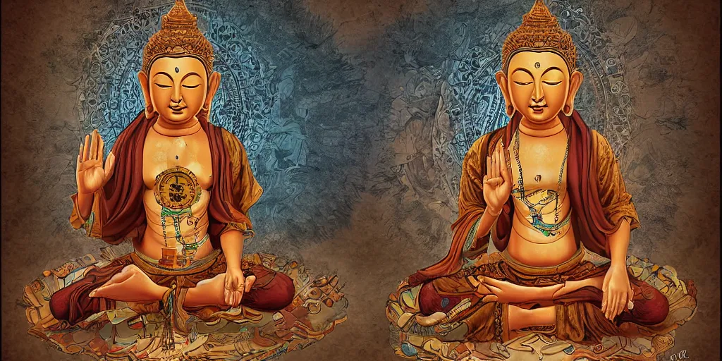 Image similar to contented steampunk bodhisattva, praying meditating, digital art