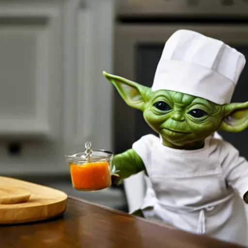 Image similar to tiny and innocent baby yoda appears as a chef wearing a white chefs hat and apron in a beautiful kitchen, preparing some food