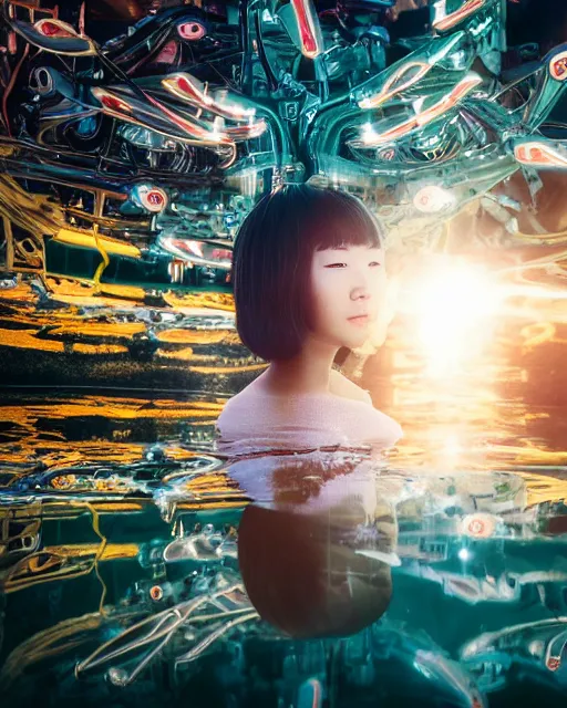 Image similar to beautiful centered photo of korean girl as a solarpunk cyborg with white mechanical parts and implanted bright halogen lamps, treading above calm water, ultra - realistic and detailed, sun lit, white background, bokeh, soft focus, slow exposure hdr 8 k