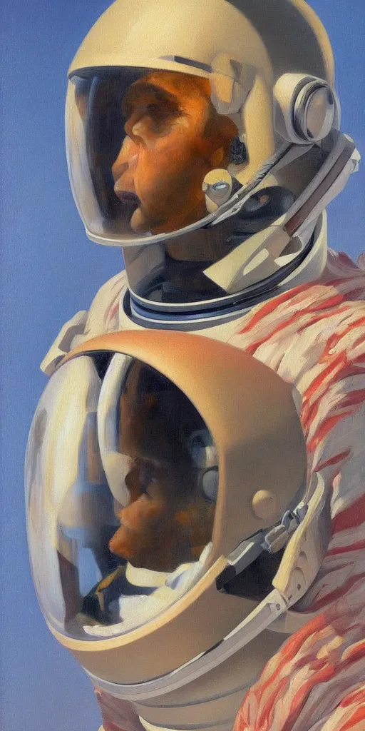 Image similar to a stunning and noble highly detailed portrait of an astronaut dissolving into dust by josep tapiro baro and edward hopper, trending on artstation, oil painting masterpiece, symmetry, mysterious, very very very aesthetic