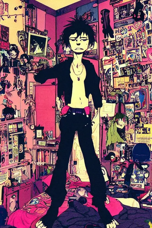 Image similar to a skinny goth guy standing in a cluttered 9 0 s bedroom by jamie hewlett, jamie hewlett art, full body character concept art, vaporwave colors, aesthetic!!,