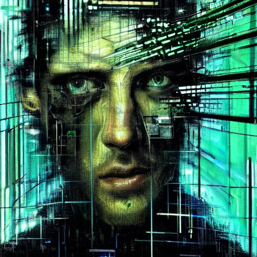 Image similar to hyperrealistic portrait of a cyberpunk man, medium hair, confident, cybernetics, immersed within a network, by Guy Denning, Derek Gores, Russ Mills, glitch art, hyper focus, fined detail, polished, complex, hacking effects, holographic, digital tech effects, color blocking!, green, realistic, acrylic on canvas, concept art, abstract, 8k. trending on cgsociety, trending on artstation