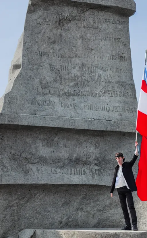 Image similar to alex turner waving the bulgarian flag at the shipka monument, realistic, dslr, 8 k