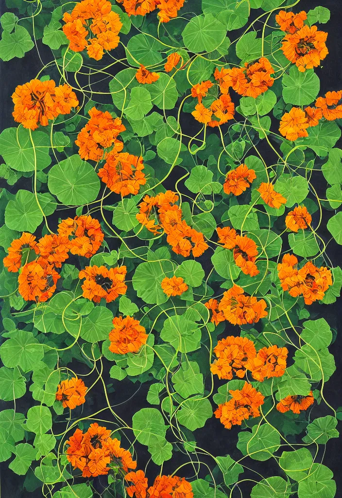 Image similar to award winning fine artwork about entangled sunflowers and falling nasturtiums with vines