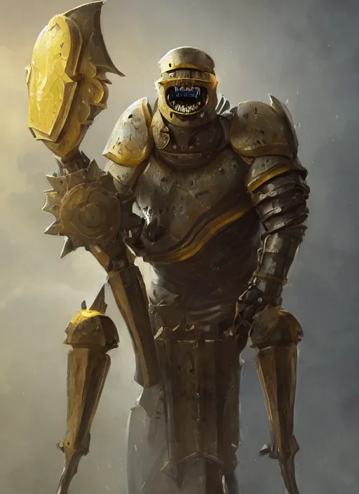 Image similar to dynamic portrait of a cyclopean warforged character in yellow armor holding a paladin engraved longsword and carrying a big shield, epic , trending on ArtStation, cinematic lighting, by Greg Rutkowski and Jesper Ejsing