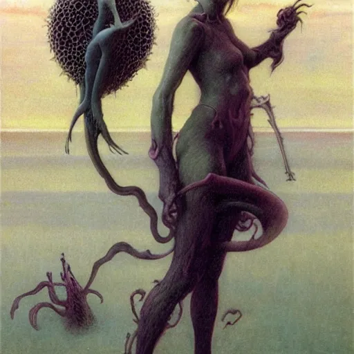 Image similar to cute young vampire tomboy girl with short short short dark hairs on lovecraftian planet by jean delville by luis royo and wayne barlowe, beksinski