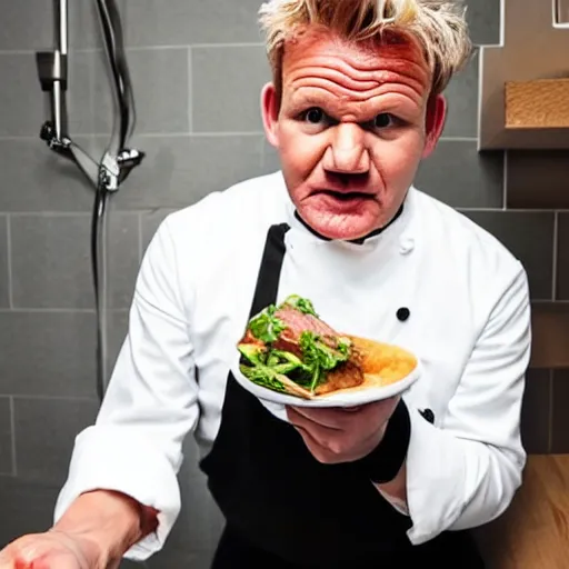 Image similar to gordon ramsay eating steak from a toilet