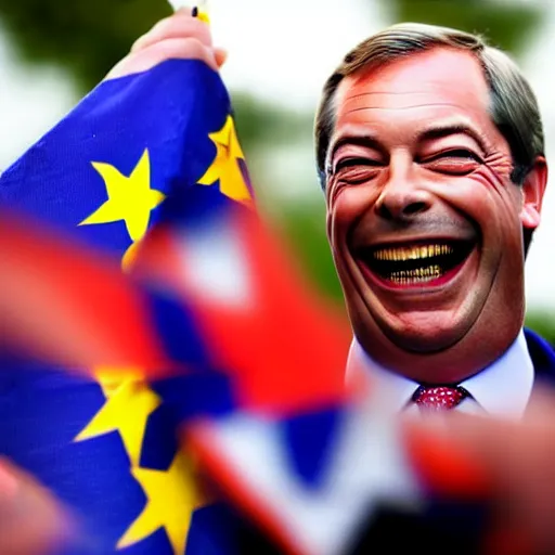 Prompt: nigel farage laughing holding burning eu flag, photograph, hd