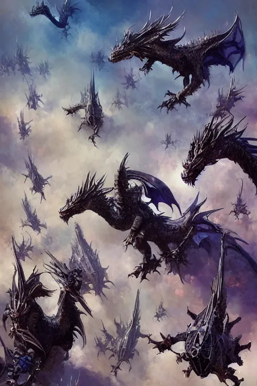 Image similar to sky filled with a swarm of angry western dragons, painting by stephan martiniere