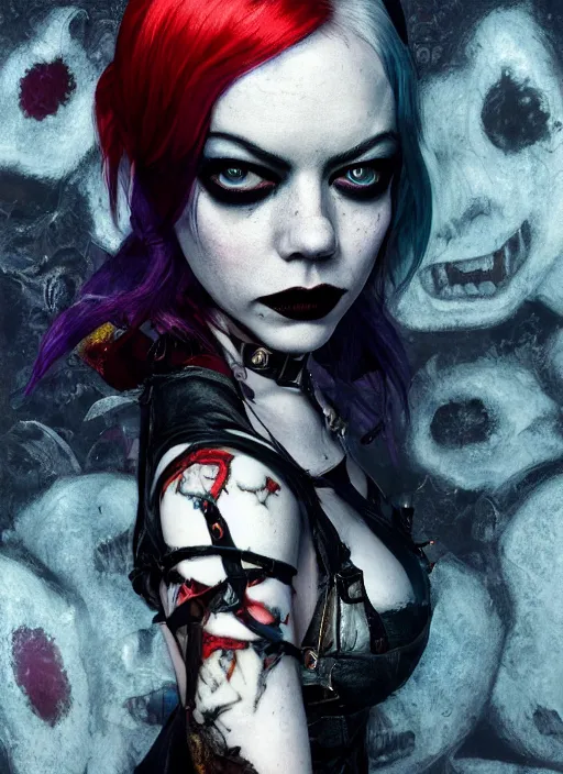 Image similar to goth gothic portrait of emma stone as harley quinn, graveyard, full moon, mist, hyper detailed, digital art, cinematic lighting, studio quality, smooth render, unreal engine 5, octane rendered, art style by klimt and nixeu and ian sprigger and krenz cushart.