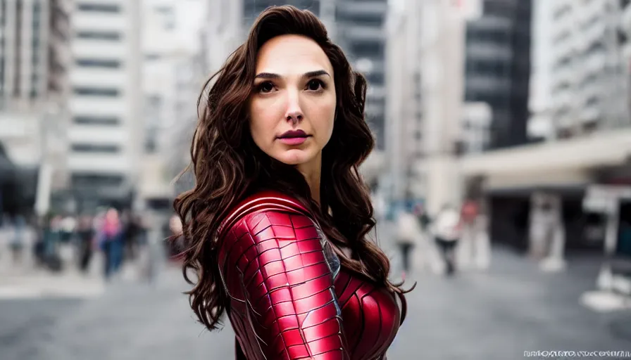 Prompt: portrait cosplay Gal Gadot as Scarlet Witch, photography 4k, ultra wide, f1.8 anamorphic, bokeh, 4k,