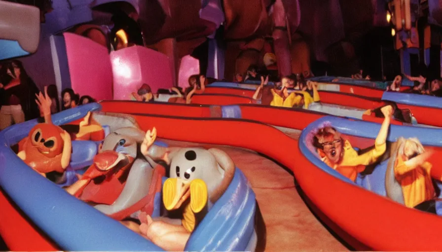 Image similar to 1990s photo of inside the Jello Friends Mouse Slide Show ride at Universal Studios in Orlando, Florida, riding a hotdog through a pizza slime arcade, cinematic, UHD