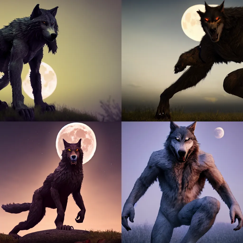 Prompt: a powerful werewolf standing with the full moon in the background, octane render, fantasy, anthropomorphic, cinematic, dramatic lighting, hyper realism, 8k, depth of field, bokeh