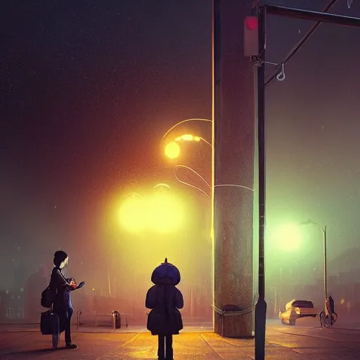 Image similar to some people waiting at bus stop in dark city night : : by beeple and james gilleard and justin gerard : :, centered, artstation, smooth, sharp focus, photoreal octane render, 3 d, by jean - baptiste monge!!!!!!!