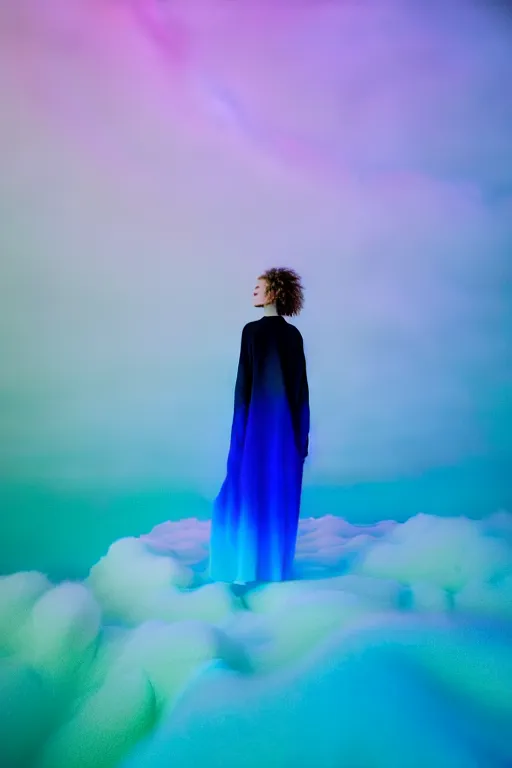 Image similar to high quality pastel coloured film close up wide angle photograph of a model wearing clothing resting on cloud furniture in a icelandic black rock!! environment in a partially haze filled dreamstate world. three point light, rainbow. photographic production. art directed. pastel colours. volumetric clouds. pastel gradient overlay. waves glitch artefacts. extreme facial clarity. 8 k. filmic.