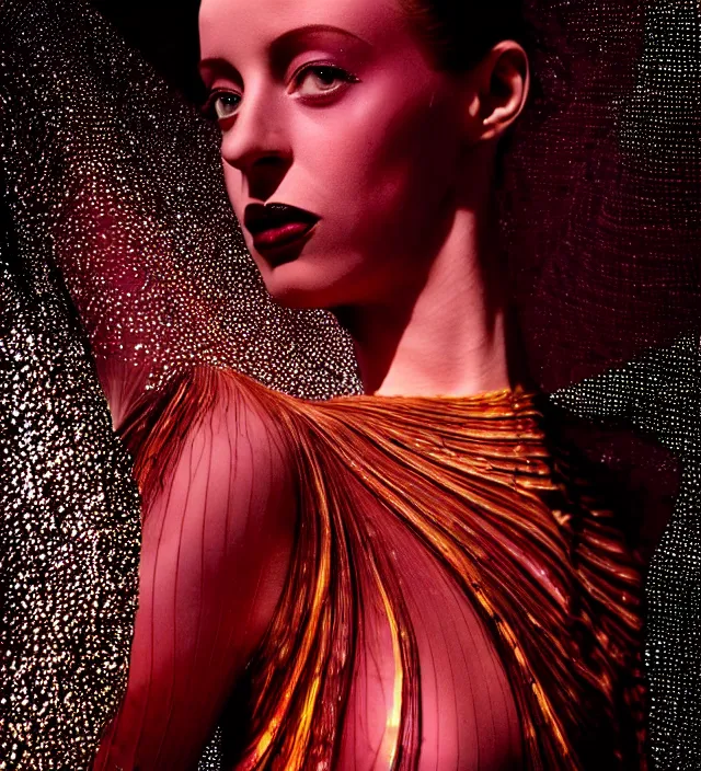 Image similar to la la land unseen film scene of gaz station by night starring seductive actress doing steps dancing and dressed by an organic looking dress from designer * iris van herpen *, with stylish colorfull makeup. intriguing soft back lighting, highly detailed, skin grain detail, photography by paolo roversi, nick knight