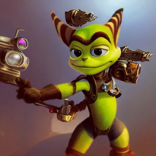 Prompt: ratchet and clank meet mr bean, D&D, fantasy, cinematic lighting, highly detailed, digital painting, artstation, concept art, smooth, sharp focus, illustration, warm light, cozy warm tint, magic the gathering artwork, volumetric lighting, 8k, no gold, no gold colours, art by Akihiko Yoshida, Greg Rutkowski