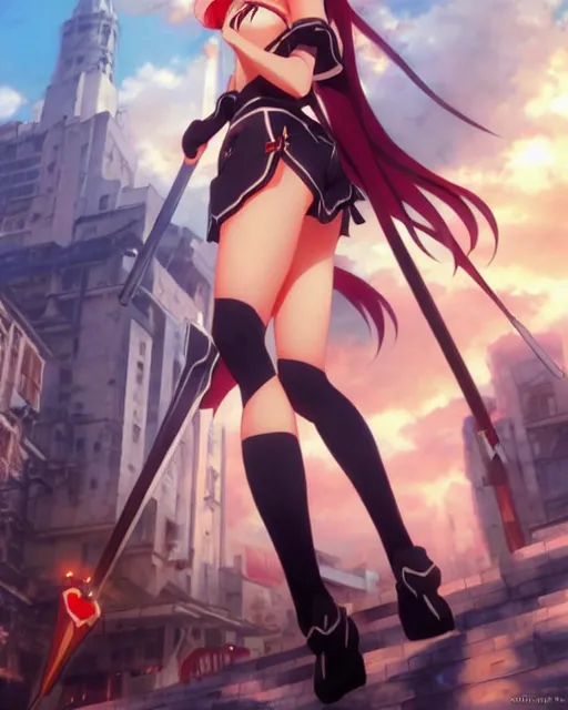 Image similar to pinup photo of asuna from sao in the crowded square of the city, asuna by a - 1 pictures, by by greg rutkowski, artgerm, gil elvgren, enoch bolles, glossy skin, pearlescent, anime, very coherent, sao style anime, flat