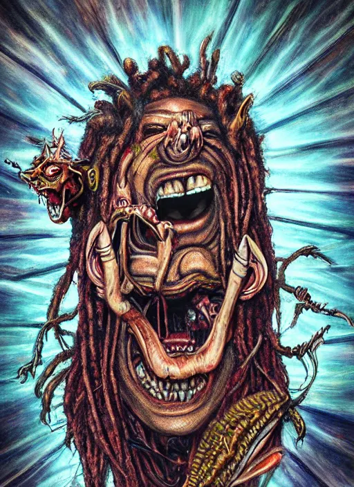 Prompt: a grotesque cyborg demon with dreadlocks telling a joke, airbrush art, shamanic horror lsd art, by basuki abdullah