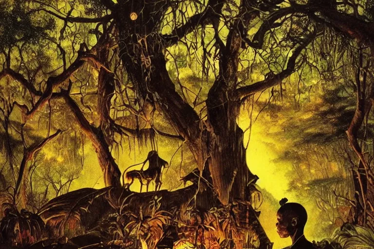 Image similar to a scenic view of an african god in the middle of a magical forest at night, detailed, cinematic, dramatic scene, retro illustration by Norman Rockwell.