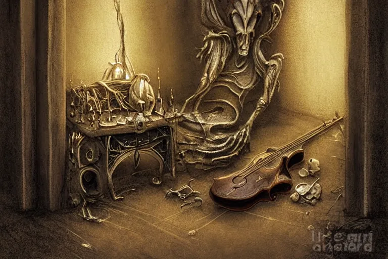 Prompt: still life of a cursed carved wooden baroque demonic oud with ebony, a wisp of smoke rises from its strings, designed by brian froud and hr giger leans against the wall alone, abandoned. an empty brutalist chamber, lonely, somber, a thin wisp of smoke rises from the lute. late afternoon lighting cinematic fantasy painting by jessica rossier