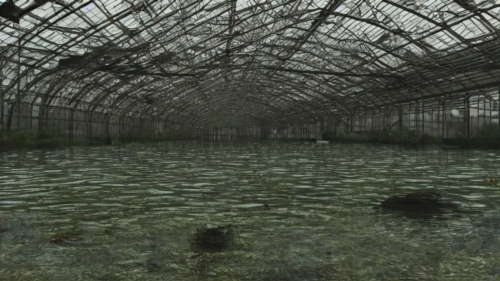 Image similar to exploring an abandoned flooded greenhouse, submerged in lake with aquatic life, hyperrealistic, ambient lighting highly detailed, 4 k hd