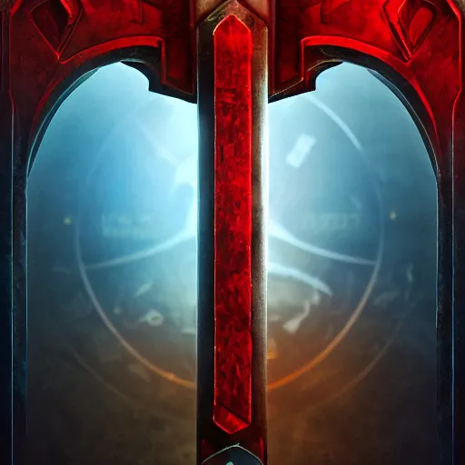 Image similar to symmetrical game sigil of giant medieval swords crossed, red powerful fantasy epic legends, game icon stylized, digital illustration radiating, a glowing aura, global illumination, ray tracing, 8 k high definition, intricate details, octane render, unreal engine, trending on arstation