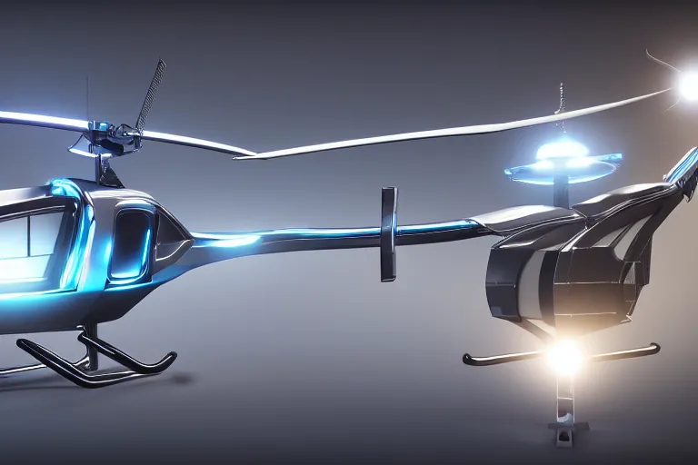 Prompt: still photo of a futuristic helicopter, highly detailed, photorealistic portrait, bright studio setting, studio lighting, crisp quality and light reflections, unreal engine 5 quality render