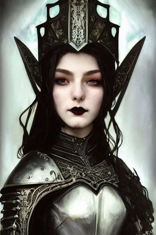 Image similar to beautiful luxury and evil and victorian and supernatural young female medieval white armor knight portrait+smoky eyes+front face with light flowing hair, ultradetail face, ruined gothic cathedral, art and illustration by tian zi and craig mullins and WLOP and alphonse mucha, ssci-fi, fantasy, intricate complexity, human structure, hypermaximalist, fantasy character concept, dynamic lighting, neon light, watermark, blurry, hyperrealism 8k