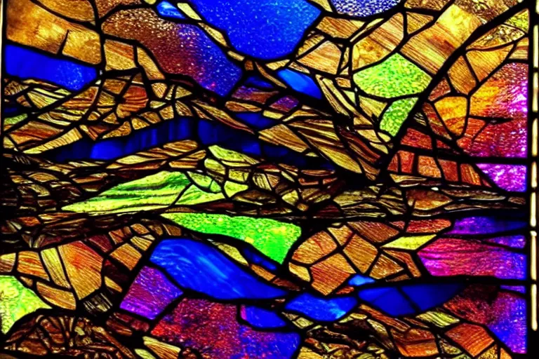 Prompt: beautiful landscape made of bismuth and stained glass