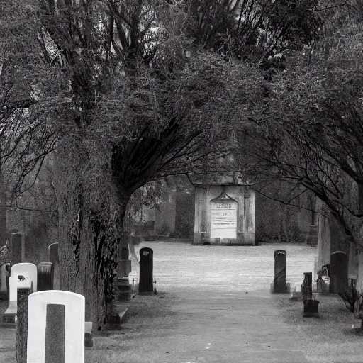 Prompt: Creepy entrance of a cemetery, grey sky