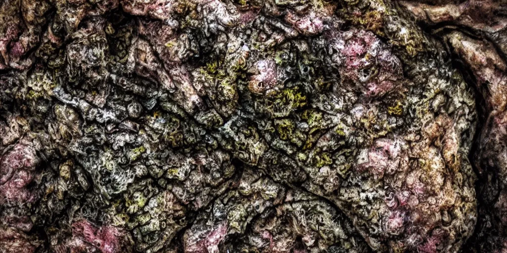 Prompt: details of lichens growing on flesh and skin, rock texture details, painitng, wrinkles and muscle tissues, meat, wound, oil on canvas, 4k, 8K, photorealistic, soft light, cinematic lighting, sharp, contrasting, non descriptive, bottom light