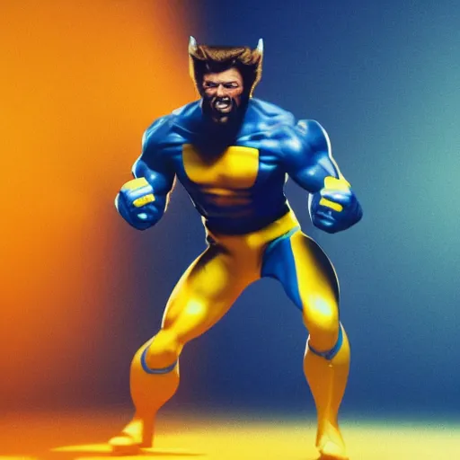 Image similar to 8 0 s, vhs, vintage movie, clint eastwood as wolverine in blue and yellow costume, octane render, beautiful composition, trending on artstation, award - winning photograph, masterpiece