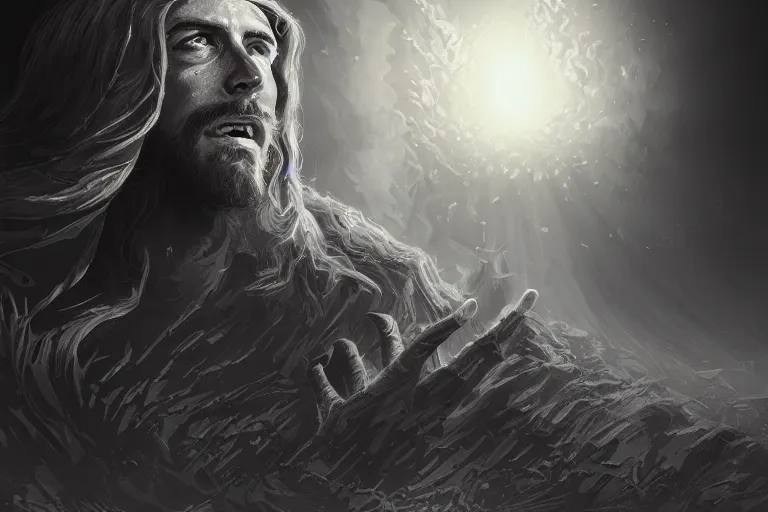 Image similar to a second coming of jesus christ, doomsday, final judgement, grim - lighting, high - contrast, intricate, elegant, highly detailed, digital painting, artstation, concept art, smooth, sharp focus, illustration