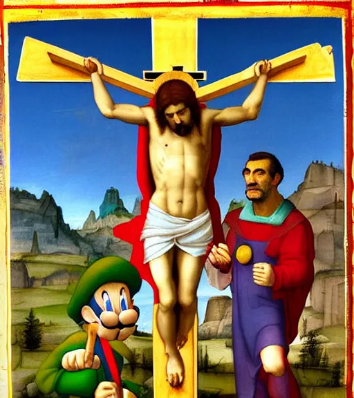 Prompt: mond crucifixion by raphael with mario!!!!!! and luigi!!!!!, nintendo