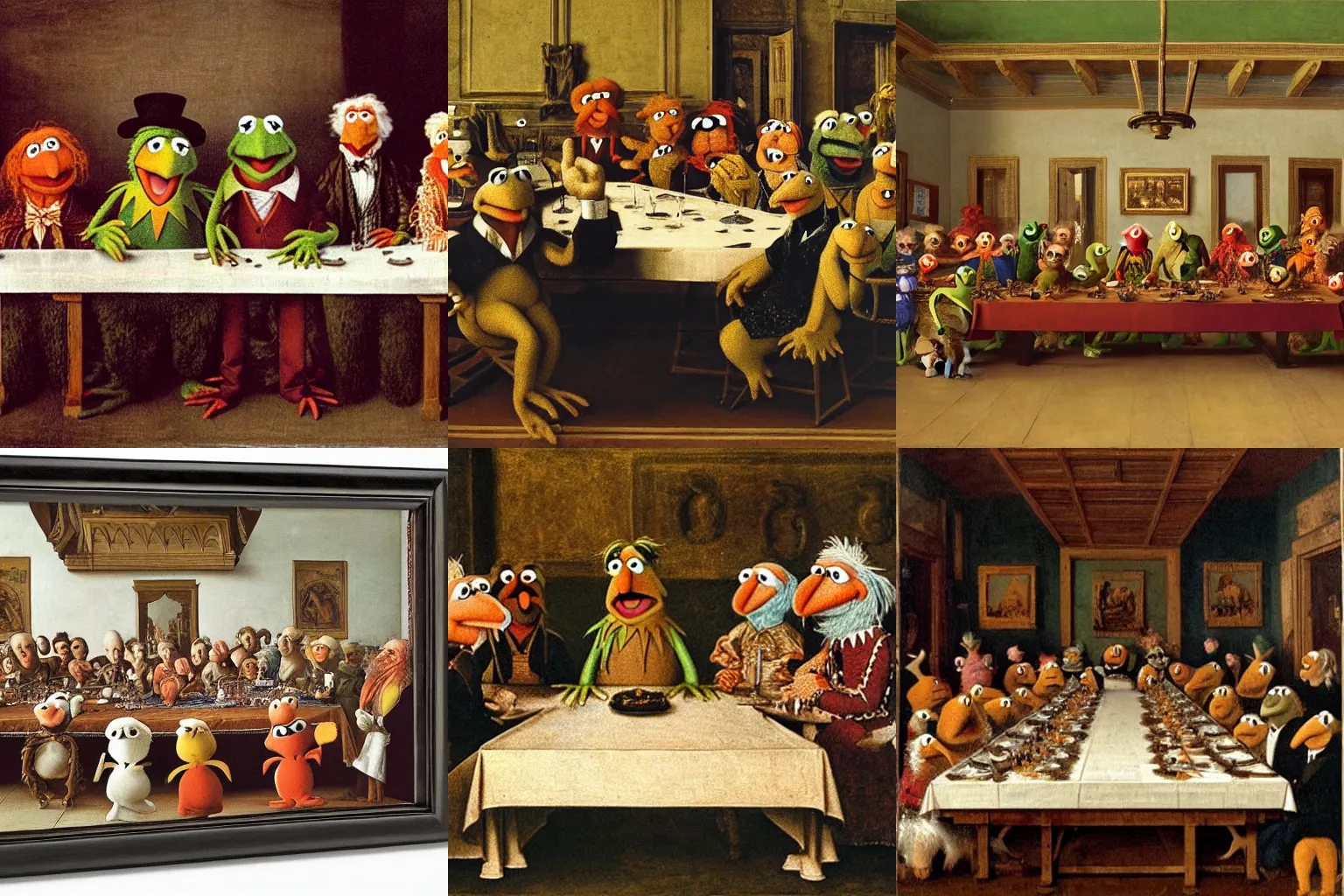 Prompt: the muppets sitting behind a long table, by leonardo da vince