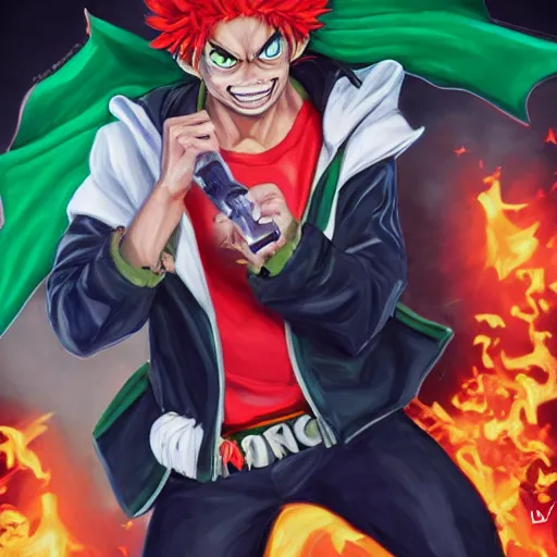 Prompt: an oil painting of a izuku midoriya wearing a hip - hop halloween costume of the devil, by artgerm, hd, hdr, ue 5, ue 6, unreal engine 5, realistic anime 3 d style, cinematic 4 k wallpaper, 8 k, ultra detailed, gta cover art, high resolution, artstation, award winning