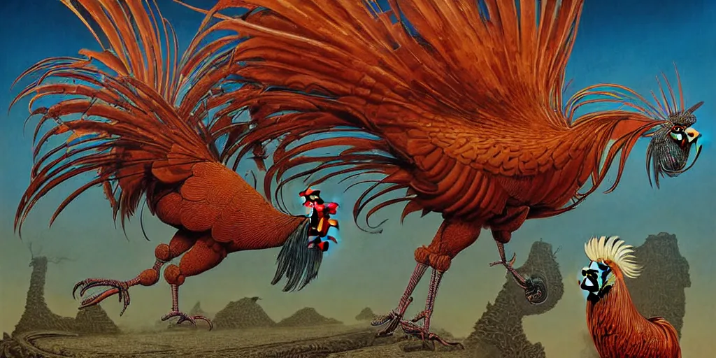 Prompt: digital painting of two mechanical roosters fighting, by wayne barlowe and bob pepper and karl wilhelm de hamilton, dieselpunk, steampunk, highly detailed, intricate, sharp focus, portrait, talons, anatomy, beak, wings