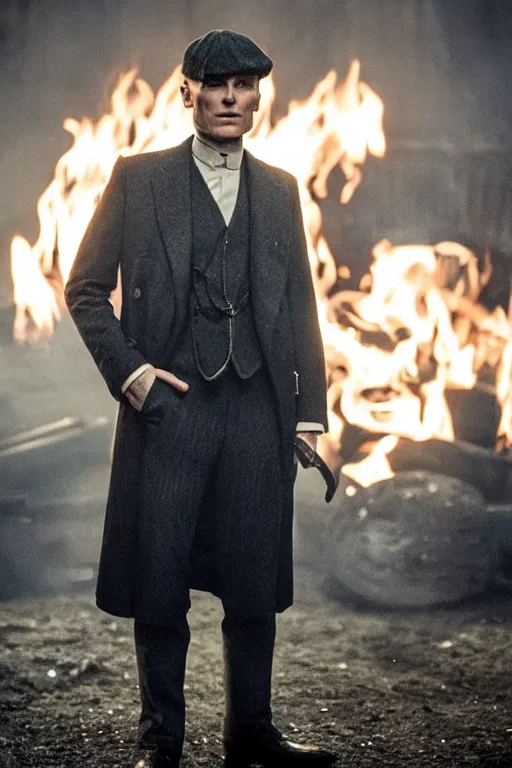 Prompt: Full-body portrait of Cillian Murphy in Peaky Blinders standing, fire in the background, dramatic, gloomy, dark, bleak, cheerless, desolate, impressive, tragic, cinematic, dull colours, dark colour scheme, atmospheric, high quality, realistic