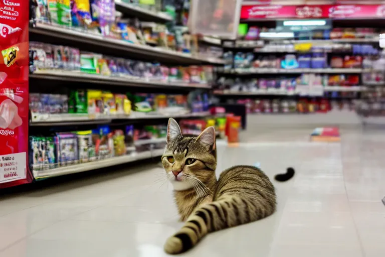 Image similar to cat on the counter in 7 - eleven next to a pack of cigarettes wide angle lens