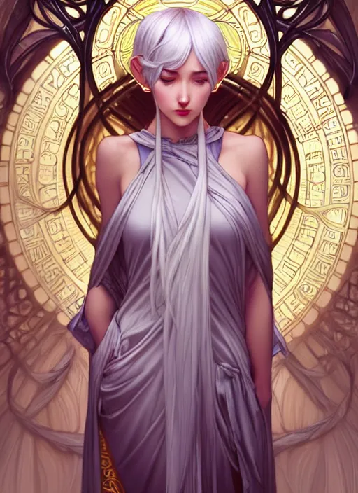 Prompt: A stunningly beautiful priestess with silver hair and silky dress, highly detailed, digital painting, smooth, sharp focus, illustration, art by artgerm and alphonse mucha, high definition digital art, in the style of Ross tran and ilya kuvshinov
