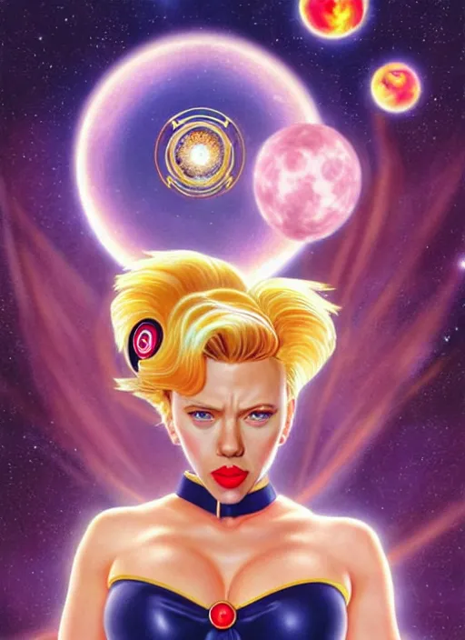 Prompt: perfectly centred realistic picture of scarlett johansson as a sailor moon, calls on the phone at futuristic office, highly detailed, 8 0 - s style poster, sharp focus, illustration, art by jonathan yeo,