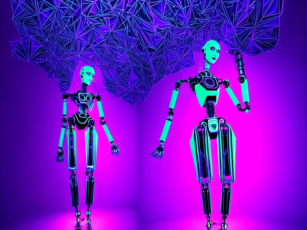 Prompt: beautiful tall female robot printed with purple and black 3 d geometrical neon facing a doorway opening with neon pink geometric fractal light!!!!! + a portal to a vaporwave world, flowering orchids, transcendent, clean linework, dramatic, vibrant colors, finely detailed, 4 k, trending on artstation, photorealistic, award winning, volumetric lighting, octane render